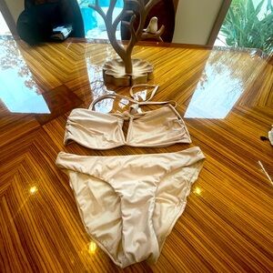 PILYQ swimsuit bandeau bikini shimmer beige nude color ruched bottoms